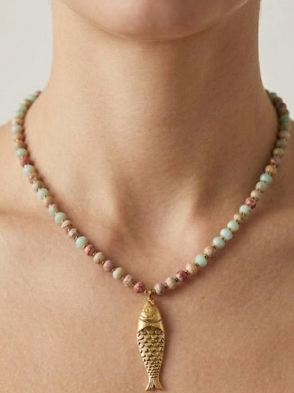 Gold Fish Pendant Necklace with Mint and Rose Beads